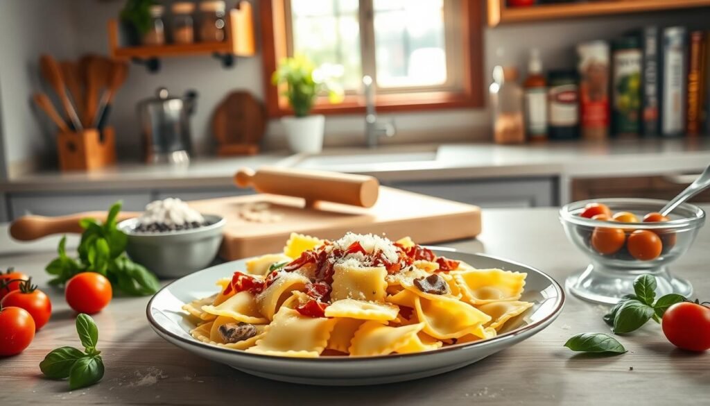 A beautifully arranged kitchen countertop featuring a plate of freshly made ravioli carbonara, showcasing customization options. In the foreground, display the ravioli topped with a creamy carbonara sauce, crispy pancetta, and a sprinkle of freshly grated Parmesan cheese. Surrounding the plate, include colorful ingredients like cherry tomatoes, fresh basil, and a bowl of cracked black pepper for texture and vibrancy. The middle ground captures soft natural light streaming through a window, illuminating a cutting board with rolling pins and flour, giving a warm, inviting ambiance. The background features rustic wooden shelves filled with jars of spices and Italian cookbooks, adding depth and context. The mood is cozy and culinary-focused, ideal for inspiring home cooking enthusiasts.