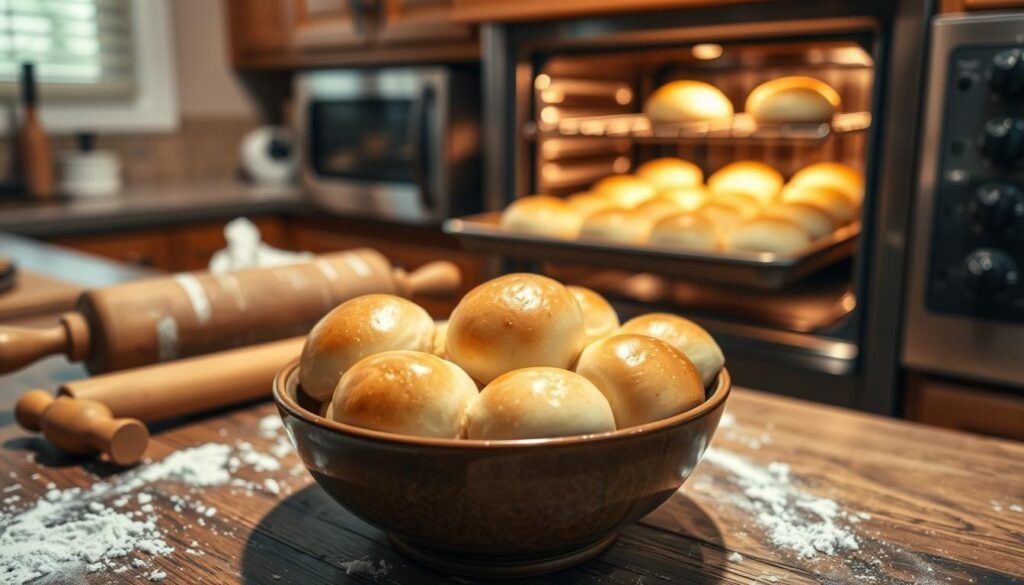A beautifully arranged kitchen scene focused on how to prepare Texas Roadhouse rolls. In the foreground, a rustic wooden countertop features a bowl filled with soft, golden-brown rolls, perfectly warm, glistening with melted butter. Beside it, a rolling pin and flour scattered around, hinting at the dough-making process. In the middle ground, an oven with its door slightly ajar, revealing a baking tray lined with fluffy rolls, fresh out of the oven. The background includes a cozy kitchen environment with warm, ambient lighting, showcasing wooden cabinetry and soft shadows, enhancing the inviting atmosphere. The angle captures the scene from slightly above, giving a comprehensive view while maintaining a homely, comforting vibe, perfect for illustrating the art of preparing rolls for optimal texture.