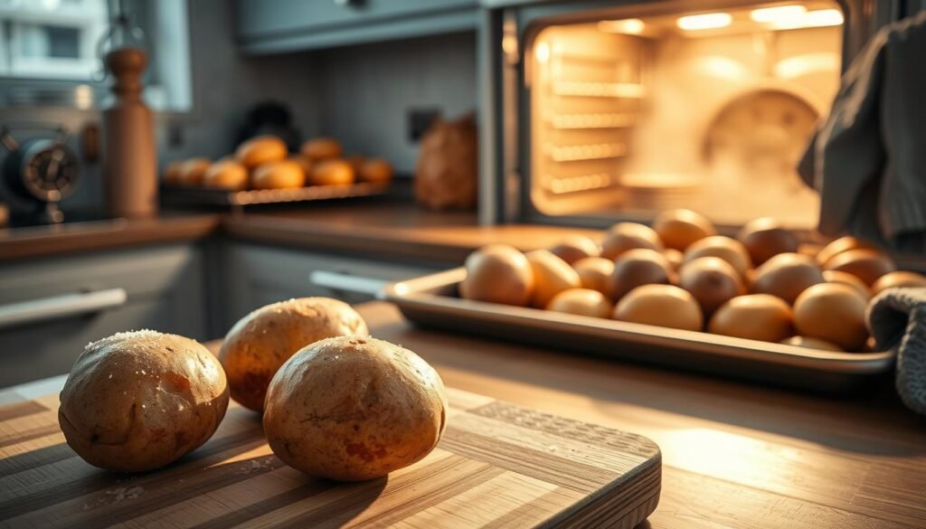 A beautifully arranged kitchen scene focused on the baking process of perfect potatoes. In the foreground, fresh, unbaked russet potatoes sit on a wooden cutting board, some with a light dusting of salt. A baking sheet filled with glistening potatoes, their skins shining under warm kitchen lighting, is positioned prominently. In the middle background, a preheated oven awaits, glowing gently, with the door slightly ajar, revealing a glimpse of steaming heat. The countertops feature essential baking tools such as a timer and an oven mitt. Soft, natural light filters through a nearby window, creating a cozy, inviting atmosphere filled with the aroma of baked goods. The scene captures the essence of mastering the baking process with a warm, homey feel. A beautifully arranged kitchen scene focused on the baking process of perfect potatoes. In the foreground, fresh, unbaked russet potatoes sit on a wooden cutting board, some with a light dusting of salt. A baking sheet filled with glistening potatoes, their skins shining under warm kitchen lighting, is positioned prominently. In the middle background, a preheated oven awaits, glowing gently, with the door slightly ajar, revealing a glimpse of steaming heat. The countertops feature essential baking tools such as a timer and an oven mitt. Soft, natural light filters through a nearby window, creating a cozy, inviting atmosphere filled with the aroma of baked goods. The scene captures the essence of mastering the baking process with a warm, homey feel.