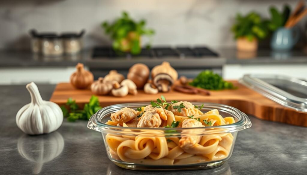 A beautifully arranged kitchen scene showcasing a delicious serving of Olive Garden's Chicken Marsala Fettuccine in a glass food storage container. The foreground features the container with a bright lid, emphasizing the succulent chicken, creamy sauce, and fettuccine pasta glistening with fresh herbs. In the middle ground, a wooden cutting board displays fresh garlic, mushrooms, and chopped parsley, enhancing the culinary theme. The background captures a cozy kitchen atmosphere with soft, warm lighting that casts gentle shadows, highlighting the organized countertops and a hint of green plants. The overall mood is inviting and homely, perfect for showcasing the art of storing leftovers and enjoying a meal at home.