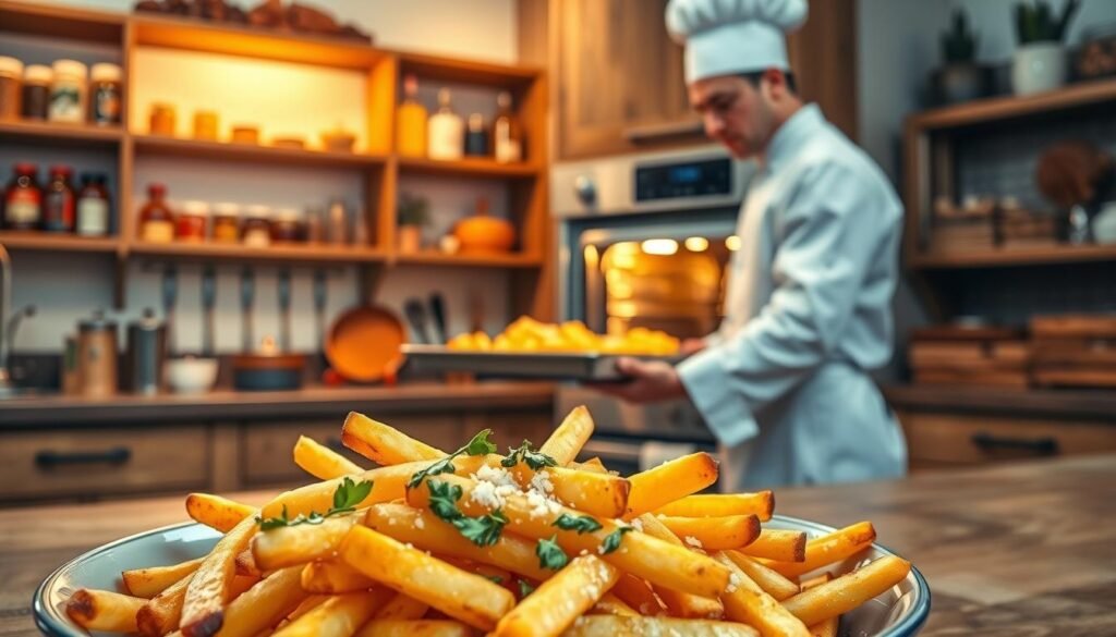 A beautifully arranged kitchen scene showcasing the art of mastering oven-baked steak fries. In the foreground, a freshly prepared dish of golden-brown steak fries glistens, seasoned with coarse sea salt and fresh herbs, steam rising gently from the fries. In the middle ground, a professional chef in a neat white chef's coat and hat, focused and precise, is placing a tray of fries into a modern, gleaming oven. The background features rustic wooden cabinets and shelves lined with various spices and cooking utensils, glowing softly in warm, inviting light. The atmosphere exudes cozy culinary expertise, capturing a moment of dedication and skill in oven baking. Use natural lighting to create a warm, homely feel, showcasing the texture of the fries and the chef's concentration. A beautifully arranged kitchen scene showcasing the art of mastering oven-baked steak fries. In the foreground, a freshly prepared dish of golden-brown steak fries glistens, seasoned with coarse sea salt and fresh herbs, steam rising gently from the fries. In the middle ground, a professional chef in a neat white chef's coat and hat, focused and precise, is placing a tray of fries into a modern, gleaming oven. The background features rustic wooden cabinets and shelves lined with various spices and cooking utensils, glowing softly in warm, inviting light. The atmosphere exudes cozy culinary expertise, capturing a moment of dedication and skill in oven baking. Use natural lighting to create a warm, homely feel, showcasing the texture of the fries and the chef's concentration.