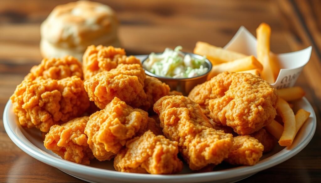 A beautifully arranged plate featuring Popeyes' 4-piece combo with a focus on golden, crispy fried chicken pieces, a side of fluffy biscuits, and a small serving of seasoned fries. The foreground captures the mouthwatering texture of the chicken, highlighted by soft, warm lighting to enhance its golden brown color. In the middle ground, a small bowl of creamy coleslaw is positioned next to the chicken, adding vibrant colors with the fresh green and white hues. The background shows a rustic wooden table surface, evoking a casual dining atmosphere. The overall mood is inviting and appetizing, designed to make viewers hungry as they explore the components of this beloved meal. Use a slightly overhead angle to capture all elements effectively, ensuring a clear, appetizing presentation.