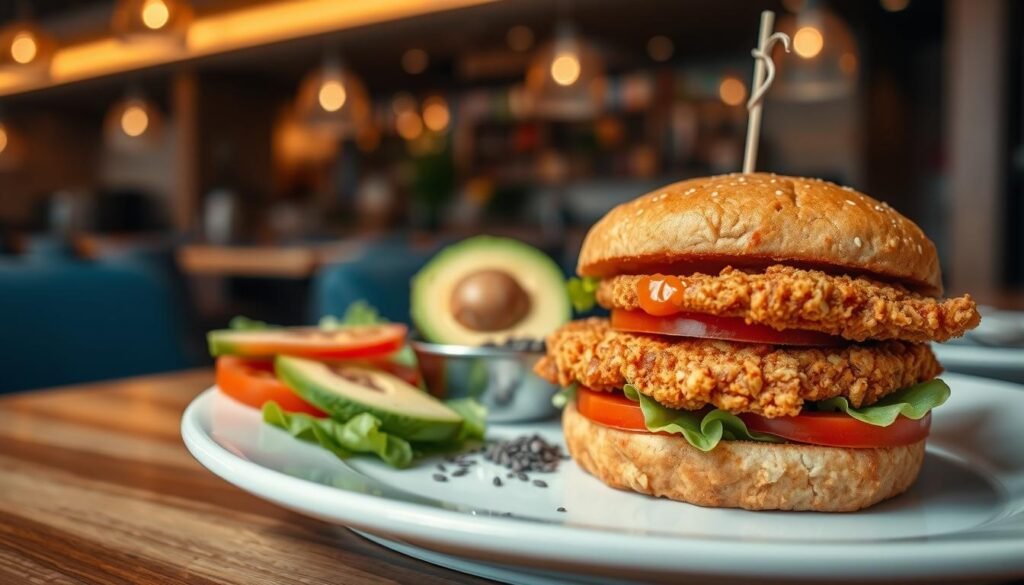A beautifully arranged plate featuring a golden-brown, crispy fried chicken sandwich, showcasing its layered components: a tender, juicy chicken fillet, fresh lettuce, sliced tomatoes, and a drizzle of spicy sauce. The foreground captures the rich textures and colors of the sandwich, with a close-up perspective that emphasizes the crunchiness of the coating. In the middle, there's a small side of avocado slices and a sprinkle of chia seeds, highlighting keto-friendly ingredients. The background features a modern restaurant setting with soft, warm lighting, creating an inviting atmosphere. The overall mood is appetizing and informative, perfect for illustrating health considerations related to diet. The image has a slight depth-of-field effect, drawing focus to the sandwich while softly blurring the background elements. A beautifully arranged plate featuring a golden-brown, crispy fried chicken sandwich, showcasing its layered components: a tender, juicy chicken fillet, fresh lettuce, sliced tomatoes, and a drizzle of spicy sauce. The foreground captures the rich textures and colors of the sandwich, with a close-up perspective that emphasizes the crunchiness of the coating. In the middle, there's a small side of avocado slices and a sprinkle of chia seeds, highlighting keto-friendly ingredients. The background features a modern restaurant setting with soft, warm lighting, creating an inviting atmosphere. The overall mood is appetizing and informative, perfect for illustrating health considerations related to diet. The image has a slight depth-of-field effect, drawing focus to the sandwich while softly blurring the background elements.