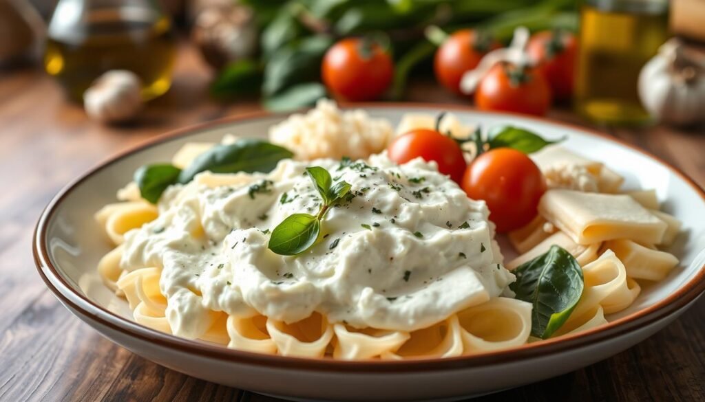 A beautifully arranged plate featuring a rich cheese blend for manicotti. In the foreground, showcase a generous scoop of creamy ricotta, sprinkled with fresh herbs like parsley and basil. Surround the ricotta with a blend of mozzarella and parmesan, glistening under soft, warm lighting, emphasizing the textures of the cheeses. In the middle ground, include vibrant green spinach leaves and plump tomatoes, hinting at the flavors that will complement the dish. The background should feature an elegant wooden table with a blurred view of rustic Italian kitchen elements, such as a bottle of olive oil and fresh garlic. The mood is cozy and inviting, evoking a warm, homemade Italian dining experience, with a focus on savory ingredients ready to create the perfect manicotti.