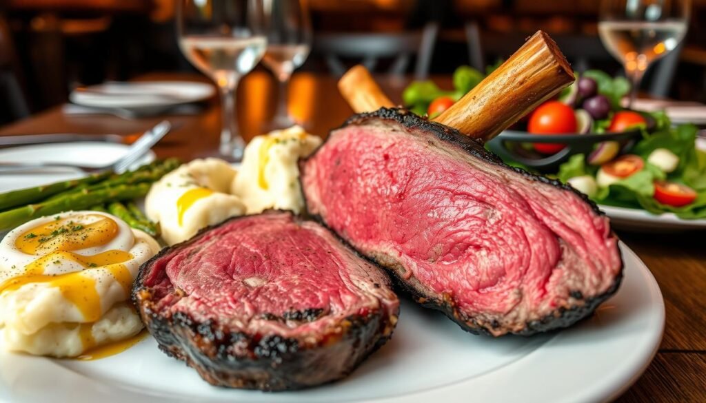 A beautifully arranged plate featuring a succulent prime rib, perfectly cooked with a rich, juicy crust. Surrounding the prime rib are vibrant sides, including creamy mashed potatoes topped with a sprinkle of chives, seasoned asparagus with a drizzle of olive oil, and a colorful garden salad with fresh greens, cherry tomatoes, and a light vinaigrette. The foreground highlights the textures of the food, while the middle scene captures a rustic wooden table setting, adorned with elegant tableware. In the background, soft, warm lighting casts a cozy ambiance, reminiscent of a welcoming Texas steakhouse. The scene evokes a mouthwatering experience, inviting viewers to enhance their meal with these delectable sides. A beautifully arranged plate featuring a succulent prime rib, perfectly cooked with a rich, juicy crust. Surrounding the prime rib are vibrant sides, including creamy mashed potatoes topped with a sprinkle of chives, seasoned asparagus with a drizzle of olive oil, and a colorful garden salad with fresh greens, cherry tomatoes, and a light vinaigrette. The foreground highlights the textures of the food, while the middle scene captures a rustic wooden table setting, adorned with elegant tableware. In the background, soft, warm lighting casts a cozy ambiance, reminiscent of a welcoming Texas steakhouse. The scene evokes a mouthwatering experience, inviting viewers to enhance their meal with these delectable sides.