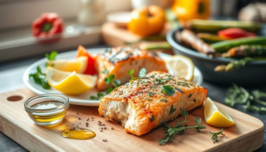 A beautifully arranged plate featuring herb grilled salmon as the focal point, garnished with fresh parsley and lemon wedges. In the foreground, showcase a wooden cutting board with essential ingredients: a small bowl of olive oil, a sprinkle of sea salt, cracked black pepper, fresh rosemary, and thyme. In the middle ground, capture the vibrant colors of grilled vegetables like bell peppers, asparagus, and zucchini. The background features a softly blurred kitchen setting with natural light streaming in, creating a warm and inviting atmosphere. Use a shallow depth of field to emphasize the salmon and ingredients, while maintaining a cozy, homey mood. The overall composition should evoke a sense of culinary delight and inspire home cooking.