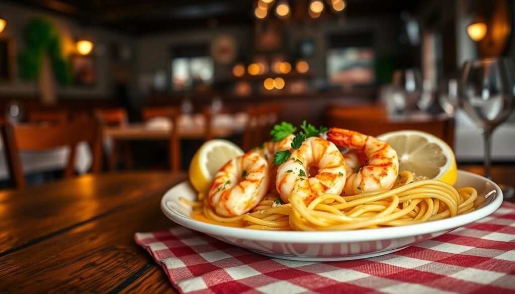 A beautifully arranged plate of Olive Garden-style shrimp scampi, showcasing succulent shrimp in a rich, garlic-infused butter sauce, garnished with fresh parsley and lemon wedges. In the foreground, the vibrant colors of the shrimp contrast against the smooth, creamy sauce, with spaghetti nestled beside. The middle of the image features a rustic wooden table, complemented by a soft, checkered tablecloth for a warm, inviting atmosphere. In the background, a blurred view of an Italian restaurant setting with dim lighting creates a cozy feel. The lighting is warm and soft, highlighting the dish without harsh shadows. The angle is slightly above the plate, capturing the food's texture and intricate details, evoking a sense of home-cooked comfort.