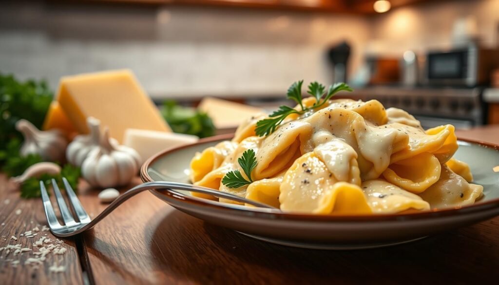 A beautifully arranged plate of Olive Garden's ravioli carbonara, showcasing plump, stuffed ravioli drizzled with a creamy carbonara sauce. The foreground features a fork elegantly placed beside the dish, with a sprig of parsley artfully garnishing the plate. In the middle ground, fresh ingredients like garlic cloves, grated Parmesan cheese, and cracked black pepper are strategically placed on a rustic wooden table. The background displays a softly lit kitchen setting, with warm light emanating from above, reflecting an inviting atmosphere perfect for cooking. The lens is set to a slight angle, capturing the dish in vibrant detail while creating a warm, cozy mood. No text or overlays are present.