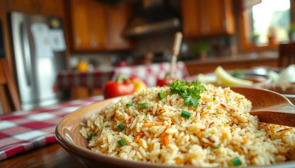 A beautifully arranged plate of Texas Roadhouse seasoned rice sits in the foreground, showcasing vibrant grains speckled with colorful spices and herbs. The rice is garnished with fresh chopped parsley for a pop of color, and a wooden spoon rests beside it, hinting at a rustic, home-cooked vibe. In the middle ground, a warm, inviting kitchen setting includes wooden cabinets and a plaid tablecloth, with soft morning light filtering through a nearby window, creating a cozy atmosphere. In the background, subtle hints of other ingredients like bell peppers and onions are scattered, enhancing the authenticity of the dish. The composition is captured at a slight angle, emphasizing the textures of the rice, while the overall mood is warm and inviting, celebrating the essence of down-home cooking. A beautifully arranged plate of Texas Roadhouse seasoned rice sits in the foreground, showcasing vibrant grains speckled with colorful spices and herbs. The rice is garnished with fresh chopped parsley for a pop of color, and a wooden spoon rests beside it, hinting at a rustic, home-cooked vibe. In the middle ground, a warm, inviting kitchen setting includes wooden cabinets and a plaid tablecloth, with soft morning light filtering through a nearby window, creating a cozy atmosphere. In the background, subtle hints of other ingredients like bell peppers and onions are scattered, enhancing the authenticity of the dish. The composition is captured at a slight angle, emphasizing the textures of the rice, while the overall mood is warm and inviting, celebrating the essence of down-home cooking.