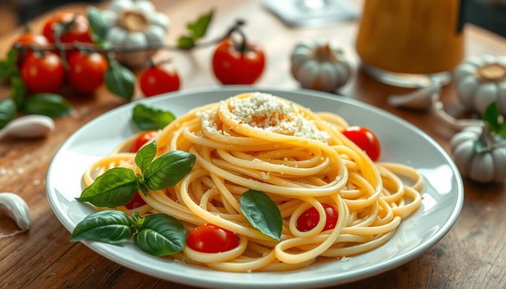 A beautifully arranged plate of angel hair pasta, glistening in a light drizzle of olive oil, is the centerpiece of the image. The pasta is intricately twirled, showcasing its delicate texture complemented by fresh basil leaves and a sprinkle of grated Parmesan cheese. Surrounding the pasta, vibrant cherry tomatoes and garlic cloves add splashes of color and authenticity. In the background, a rustic wooden table evokes an inviting, homey atmosphere typical of an Italian kitchen. Soft, warm lighting illuminates the scene, casting gentle shadows and highlighting the pasta's sheen. A shallow depth of field focuses the viewer's attention on the dish while softly blurring the background elements, enhancing the mood of a culinary delight straight from Italy.