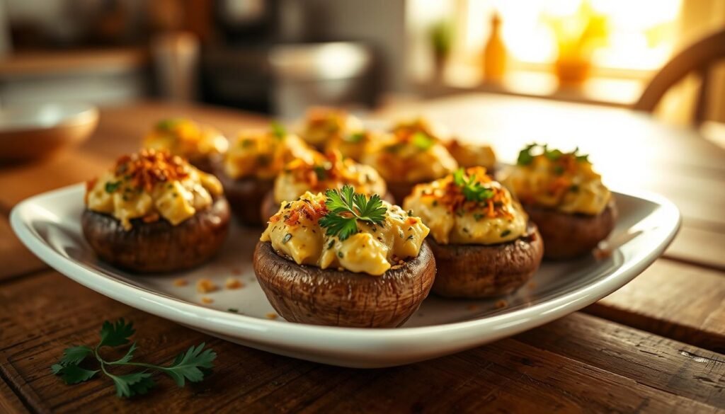 A beautifully arranged plate of baked stuffed mushrooms, showcasing a variety of mushrooms filled with a creamy, herb-infused cheese mixture, garnished with fresh parsley. In the foreground, the mushrooms glisten with a golden, crispy topping, revealing a mouthwatering texture. The middle ground features a rustic wooden table with a soft, golden light illuminating the dish, creating a warm, inviting atmosphere. In the background, hints of a cozy kitchen can be seen, softly blurred to keep focus on the mushrooms. The overall mood is comforting and appetizing, perfect for a homey meal. Use a shallow depth of field to enhance the detail on the mushrooms while maintaining a soft focus on the surrounding elements.