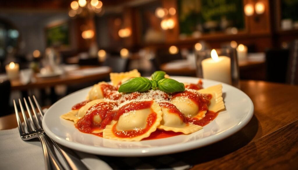 A beautifully arranged plate of cheese ravioli, each piece perfectly shaped and generously filled with creamy ricotta and mozzarella. The ravioli are elegantly drizzled with rich marinara sauce, garnished with fresh basil leaves and a sprinkle of grated Parmesan cheese. In the foreground, a set of elegant silver utensils is positioned beside the plate, invitingly placed. The middle ground features a wooden table with a rustic checkered tablecloth, adding warmth to the scene. In the background, a softly blurred dimly lit Olive Garden restaurant ambiance creates a cozy and inviting mood, with flickering candlelight that enhances the deliciousness of the dish. The lighting is warm and inviting, capturing the essence of a charming dining experience.