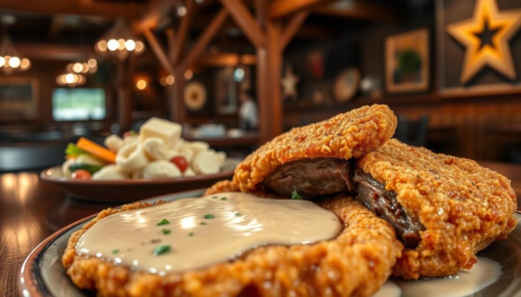 A beautifully arranged plate of country fried sirloin steak sits in the foreground, featuring a golden-brown, crispy coating that glistens with savory seasoning. Juicy, tender pieces of steak peek out from beneath the crust, garnished with finely chopped parsley for color. Beside the steak, a generous serving of creamy gravy pools, accented with cracked black pepper. In the middle ground, a rustic wooden table showcases a side of fluffy mashed potatoes, topped with a dollop of butter melting into them, and a vibrant medley of steamed vegetables. The background features a cozy, dimly-lit Texas-themed restaurant ambiance, with wooden beams and soft, warm lighting creating an inviting, homey feel. The shot is taken with a shallow depth of field, emphasizing the delicious food while slightly blurring the background, evoking a warm, comforting mood.