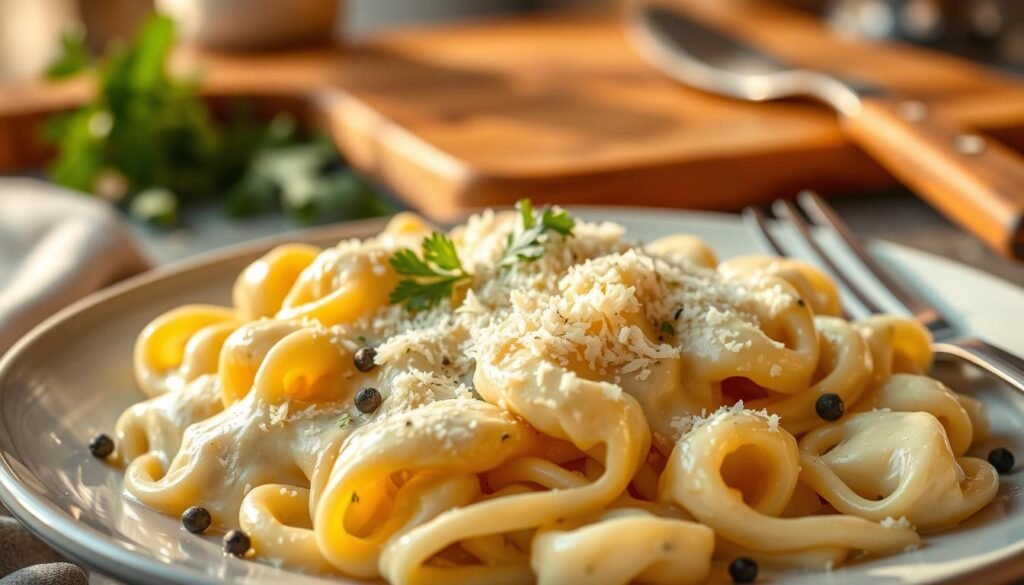 A beautifully arranged plate of creamy Chicken Tortellini Alfredo featuring al dente pasta drizzled with a luscious Alfredo sauce. In the foreground, a generous amount of freshly grated parmesan cheese is heaped over the pasta, with small shavings elegantly scattered around the dish, adding texture. In the middle, vibrant green garnishes like parsley and black peppercorns enhance the dish's freshness. The background features soft-focus kitchen elements, such as a wooden cutting board and a rustic fork, creating a cozy home-cooking atmosphere. The lighting is warm and inviting, resembling golden hour with soft sunlight spilling in, capturing the essence of comfort food. Shot with a shallow depth of field to emphasize the dish, inviting the viewer to savor the deliciousness.
