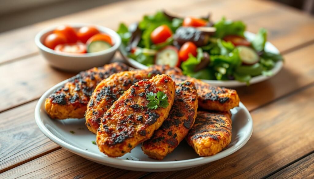 A beautifully arranged plate of crispy, blackened chicken tenders sits in the foreground, showcasing their rich, smoky seasoning with visible char marks. The tenders are garnished with a sprinkle of fresh parsley for a pop of color. In the middle ground, a side of vibrant green salad with cherry tomatoes and sliced cucumbers adds a healthy touch, highlighting a nutritious meal option. The background is softly blurred to maintain focus on the food, featuring a rustic wooden table that conveys warmth and a casual dining atmosphere. The scene is lit with natural, soft light to evoke a fresh and inviting feel, suggesting a wholesome indulgence. Capture this composition with a slight overhead angle to emphasize the flavors and textures of the meal. A beautifully arranged plate of crispy, blackened chicken tenders sits in the foreground, showcasing their rich, smoky seasoning with visible char marks. The tenders are garnished with a sprinkle of fresh parsley for a pop of color. In the middle ground, a side of vibrant green salad with cherry tomatoes and sliced cucumbers adds a healthy touch, highlighting a nutritious meal option. The background is softly blurred to maintain focus on the food, featuring a rustic wooden table that conveys warmth and a casual dining atmosphere. The scene is lit with natural, soft light to evoke a fresh and inviting feel, suggesting a wholesome indulgence. Capture this composition with a slight overhead angle to emphasize the flavors and textures of the meal.