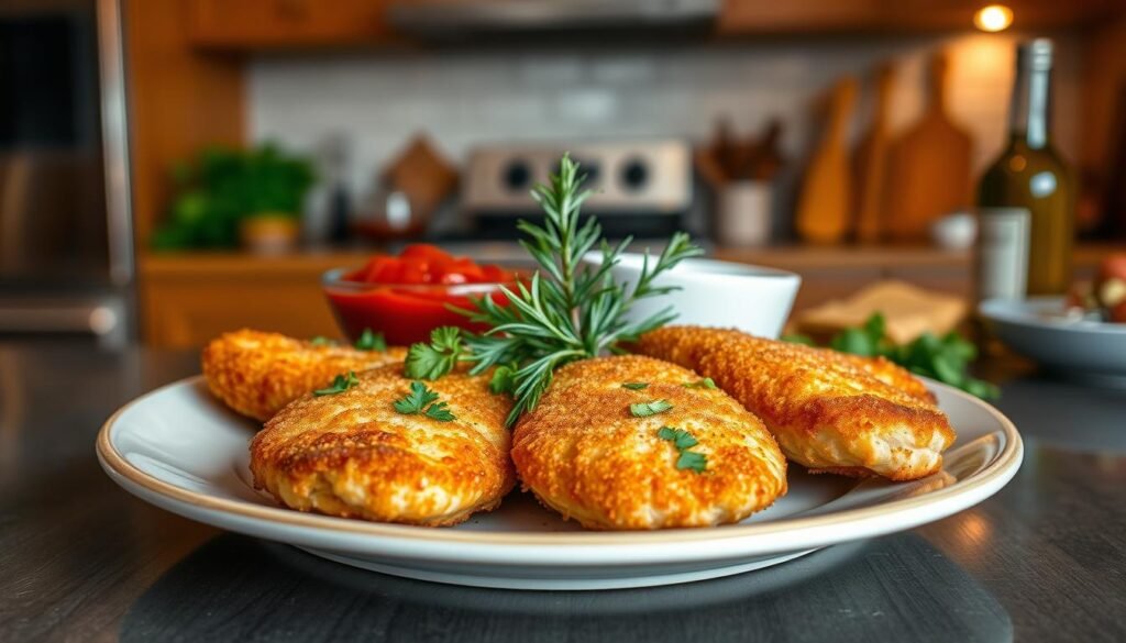 A beautifully arranged plate of crispy chicken cutlets, golden brown and perfectly breaded, is featured prominently in the foreground. The chicken cutlets are garnished with fresh parsley and served alongside a small bowl of marinara sauce. In the middle, a sprig of rosemary adds a burst of green color, enhancing the dish's appeal. The background softly fades, showcasing a cozy, rustic kitchen setting with warm wooden cabinets and hints of olive oil on a nearby countertop. Soft, diffused lighting adds a warm glow, making the textures of the chicken and the sides look inviting. The camera angle is slightly above the plate, capturing the inviting details and textures of the food while creating a mouthwatering atmosphere.