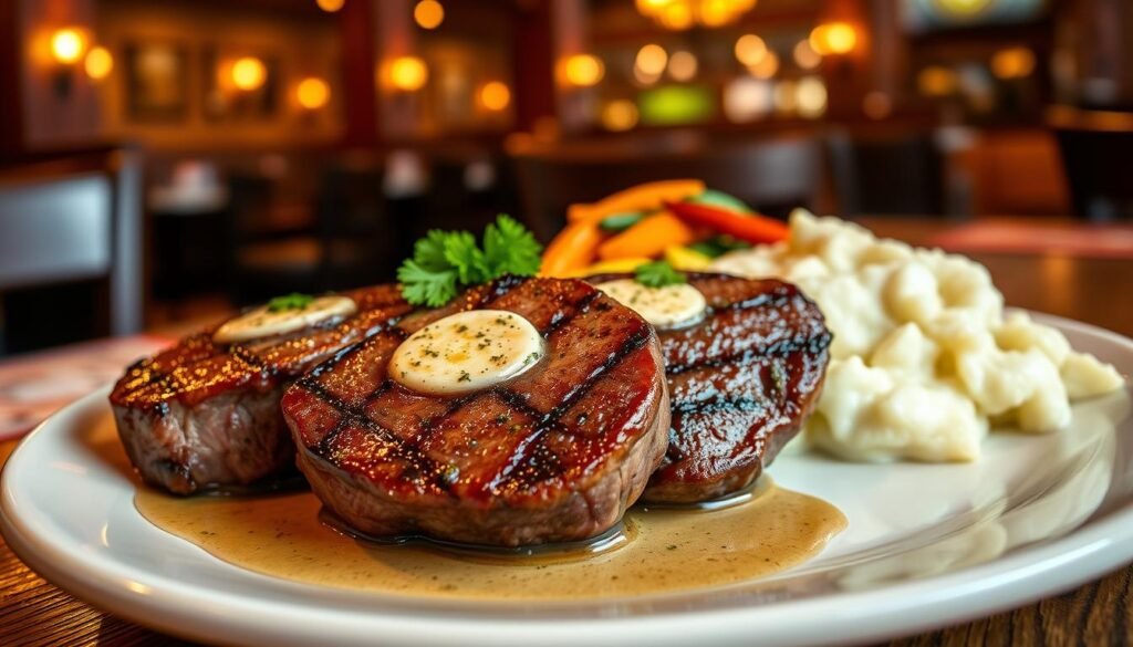 A beautifully arranged plate of filet medallions served at Texas Roadhouse, showcasing three perfectly seared medallions glistening with a savory herb butter, garnished with fresh parsley. The foreground features a wooden dining table, with a rustic Texas Roadhouse ambiance. In the middle ground, a side of creamy mashed potatoes and seasonal vegetables complements the dish, adding vibrant colors. The background captures a warm, inviting restaurant setting with soft golden lighting, creating an atmosphere of comfort and indulgence. The focus should be on the filet medallions in a close-up view, capturing the juicy texture and enticing presentation. The composition conveys a sense of satisfaction and warmth, ideal for food enthusiasts wanting to experience a culinary delight.