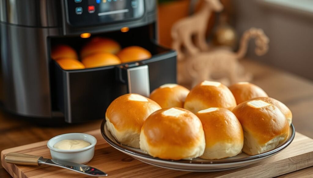 A beautifully arranged plate of golden-brown Texas Roadhouse rolls, perfectly reheated in an air fryer to achieve a crispy exterior. The rolls should be steaming, showcasing their fluffy interior, with a light sheen from melted butter on top. In the foreground, a cutting board with a small dish of honey butter and a butter knife nestled beside the rolls. In the middle ground, a modern air fryer with a slightly open drawer, suggesting the rolls have just been cooked. The background features a cozy kitchen setting with warm lighting that creates an inviting atmosphere. The image should have a slight overhead angle, highlighting the texture of the rolls and their delicious appeal, aiming for a warm and inviting mood.