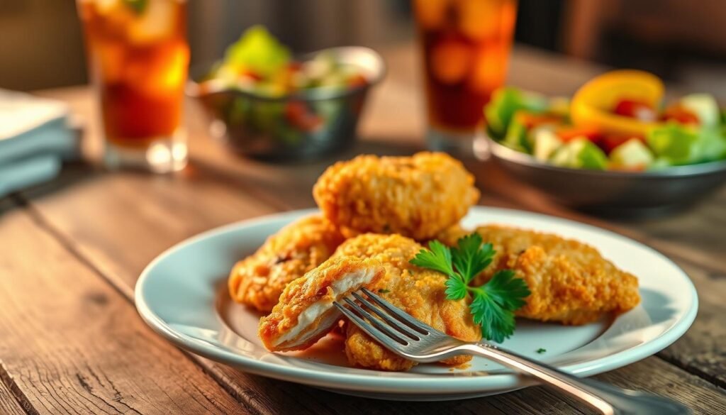 A beautifully arranged plate of golden brown chicken fritta, showcasing its crispy texture and inviting hues. The chicken pieces are perfectly fried, glistening with a light sheen and garnished with fresh herbs like parsley for a touch of color. In the foreground, a fork is delicately poised next to the chicken, hinting at the indulgent experience to come. The middle ground features a rustic wooden table, enhancing the cozy, home-cooked atmosphere. Soft, warm lighting illuminates the scene, creating a golden glow while casting gentle shadows that add depth. In the background, blurred hints of a vibrant salad and a glass of iced tea complete the dining experience, evoking a delightful culinary feast. The mood is inviting and celebratory, capturing the essence of crispy perfection.