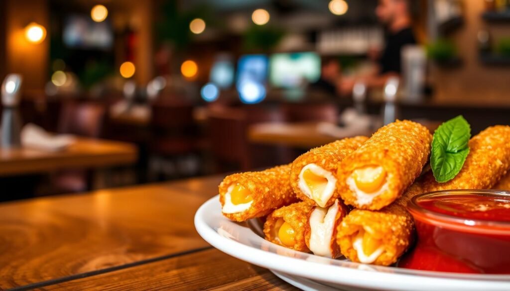 A beautifully arranged plate of golden-brown mozzarella sticks served as a single portion, showcasing their crispy texture and gooey cheese oozing from the ends. The foreground features the mozzarella sticks, perfectly fried to a crunchy finish, with a side of marinara sauce in a small bowl, garnished with fresh basil leaves. In the middle background, a rustic wooden table adds warmth and texture, with a softly blurred restaurant ambiance behind, hinting at a cozy dining atmosphere. The lighting is warm and inviting, reminiscent of soft candlelight, illuminating the food without harsh shadows. The image captures the delicious essence of a popular appetizer, evoking a sense of comfort and indulgence.