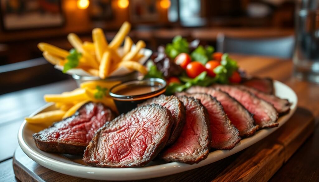 A beautifully arranged plate of juicy Prime Rib Dippers, showcasing perfectly cut slices of tender beef with a rich, dark au jus in a small cup for dipping. The foreground features the prime rib dippers glistening under soft, warm lighting, highlighting their succulent surface. The middle ground includes a side of crispy golden fries and a fresh, colorful salad adorned with vibrant cherry tomatoes and leafy greens, inviting a sense of balance. The background features a rustic wooden table setting that adds warmth and character, complemented by a blurred view of cozy restaurant ambiance with dim lighting. The overall mood is inviting and appetizing, designed to emphasize the nutritional aspects without overwhelming details. A beautifully arranged plate of juicy Prime Rib Dippers, showcasing perfectly cut slices of tender beef with a rich, dark au jus in a small cup for dipping. The foreground features the prime rib dippers glistening under soft, warm lighting, highlighting their succulent surface. The middle ground includes a side of crispy golden fries and a fresh, colorful salad adorned with vibrant cherry tomatoes and leafy greens, inviting a sense of balance. The background features a rustic wooden table setting that adds warmth and character, complemented by a blurred view of cozy restaurant ambiance with dim lighting. The overall mood is inviting and appetizing, designed to emphasize the nutritional aspects without overwhelming details.