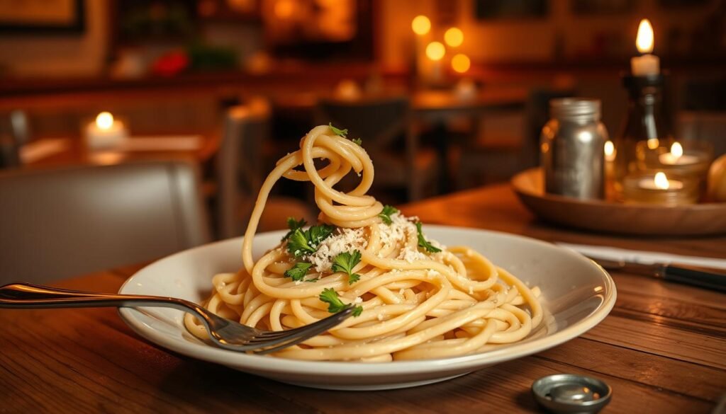 A beautifully arranged plate of pasta, featuring strands of fettuccine tossed in a rich Alfredo sauce, garnished with freshly chopped parsley and a sprinkle of grated Parmesan cheese. In the foreground, a fork is elegantly placed beside the plate, with a single noodle twirled around the fork's prongs, suggesting a sense of inviting indulgence. The middle ground includes a simple, rustic wooden table that adds warmth to the setting. The background features a softly blurred ambiance of an Italian restaurant, with warm, dim lighting that casts a golden hue over the scene. A few flickering candles add a romantic touch, while a hint of olive oil and herbs on a nearby table enhance the culinary feel. The mood is cozy and inviting, inviting viewers to savor the flavors of Italy.