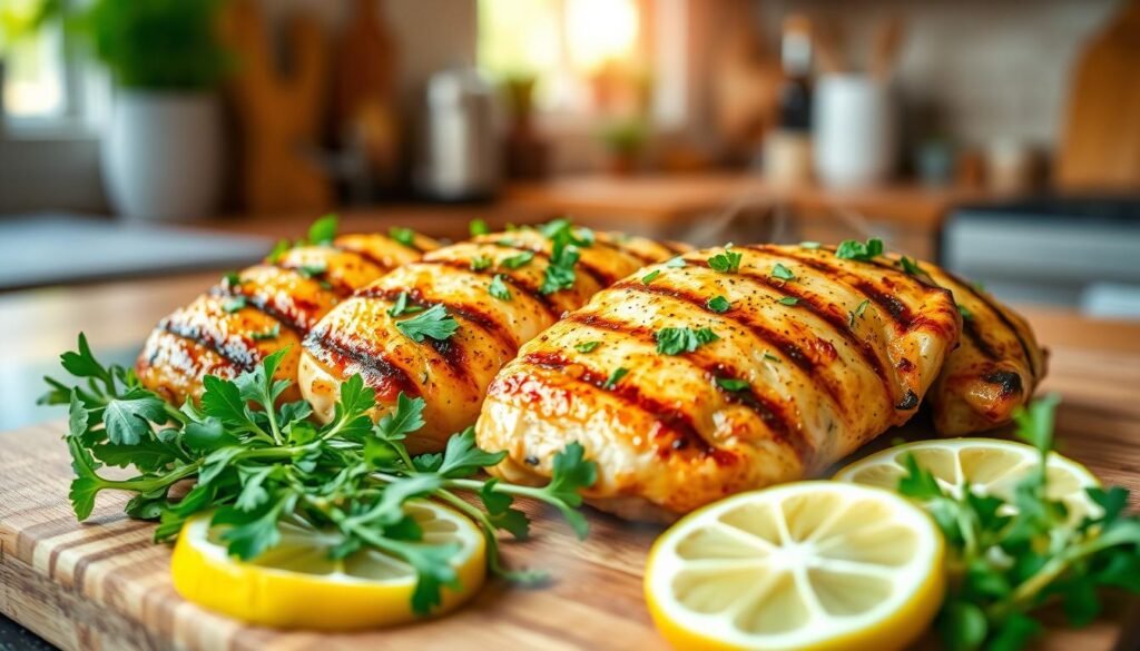 A beautifully arranged plate of perfectly grilled chicken breasts, glistening with a light, savory marinade. The chicken features beautiful grill marks and a golden-brown crust. Fresh herbs like parsley and rosemary are delicately sprinkled on top for a pop of color. In the foreground, there are slices of lemon and sprigs of vibrant green arugula offering contrast and freshness. In the middle ground, a rustic wooden cutting board adds warmth and texture, while subtle steam rises from the chicken, suggesting it's freshly cooked. The background is softly blurred, featuring a cozy kitchen ambiance with natural light streaming through a window, enhancing the inviting atmosphere. The overall mood is warm and appetizing, embodying the essence of home-cooked comfort food.