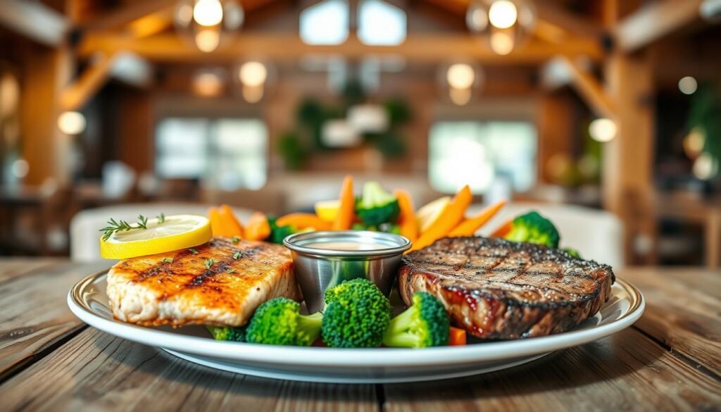 A beautifully arranged plate of safe protein options, including grilled chicken breast, seared salmon fillet, and a tender beef steak, presented on a rustic wooden table. In the foreground, the proteins are garnished with fresh herbs and lemon slices, showcasing vibrant colors. In the middle, add a small bowl of gluten-free dipping sauce and a medley of colorful steamed vegetables, including broccoli, carrots, and bell peppers. The background features a softly lit, welcoming restaurant scene with wooden beams and cozy lighting, creating a warm atmosphere. The focus should be sharp on the plate, with a slight bokeh effect on the background, conveying a sense of comfort and culinary delight. The image should feel inviting and appetizing, suited for food enthusiasts seeking gluten-free meal options.