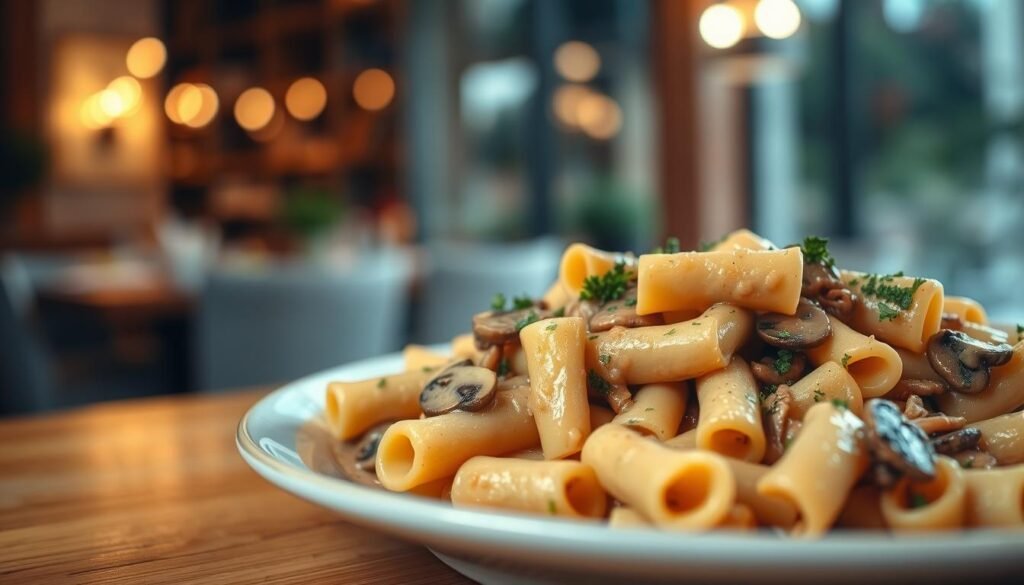 A beautifully arranged plate of tubular pasta, such as rigatoni or cannelloni, glistening with a rich, creamy mushroom sauce, artfully clinging to each piece. The sauce is a warm beige, speckled with finely chopped mushrooms and fresh herbs, providing a sense of indulgence. In the foreground, the pasta is the clear focal point, set against a softly textured wooden table that adds warmth. In the background, there are blurred hints of a cozy restaurant environment, with dim lighting that creates an intimate atmosphere. A shallow depth of field accentuates the pasta while soft bokeh lights twinkle in the distance, enhancing the inviting mood. Capture this scene using a warm color palette, with natural lighting to emphasize the deliciousness of the dish.