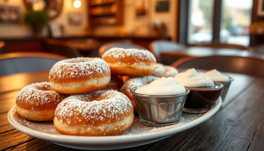 A beautifully arranged plate of warm Italian doughnuts dusted with powdered sugar, glistening slightly with a hint of sweetness. The doughnuts are placed on a rustic wooden table, creating a cozy atmosphere. In the background, softly blurred, a charming Italian café setting emerges, featuring warm lighting that creates an inviting glow. The foreground focuses on the texture of the doughnuts, highlighting their fluffy interiors and golden-brown exteriors. A small bowl of rich chocolate sauce and another of smooth vanilla cream are artfully placed beside the doughnuts, inviting indulgence. Captured with a 50mm lens, the composition emphasizes depth and warmth, evoking a sense of comfort and delight. The mood is rustic, inviting, and entirely delectable. A beautifully arranged plate of warm Italian doughnuts dusted with powdered sugar, glistening slightly with a hint of sweetness. The doughnuts are placed on a rustic wooden table, creating a cozy atmosphere. In the background, softly blurred, a charming Italian café setting emerges, featuring warm lighting that creates an inviting glow. The foreground focuses on the texture of the doughnuts, highlighting their fluffy interiors and golden-brown exteriors. A small bowl of rich chocolate sauce and another of smooth vanilla cream are artfully placed beside the doughnuts, inviting indulgence. Captured with a 50mm lens, the composition emphasizes depth and warmth, evoking a sense of comfort and delight. The mood is rustic, inviting, and entirely delectable.
