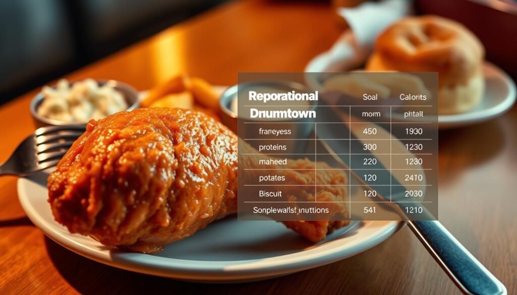 A beautifully arranged plate showcasing a single Popeyes drumstick, prominently displayed in the foreground. The drumstick glistens with a crispy, golden-brown coating, with fork and knife placed neatly beside it. Surrounding the chicken are small, colorful portions of side dishes, such as coleslaw, mashed potatoes, and a biscuit, creating an inviting and appetizing scene. In the middle ground, a subtle chart visually representing the nutritional breakdown, including calories, proteins, fats, and carbohydrates, elegantly overlays the plate but maintains transparency. The background features a warm and inviting dining setting, softly lit to create a cozy atmosphere, emphasizing the food's texture and appeal. The image is captured from an overhead angle, ensuring clarity and focus, evoking a sense of indulgence while remaining informative.