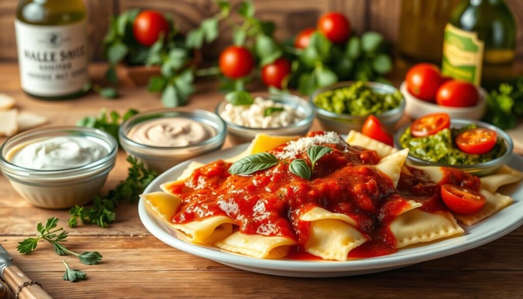 A beautifully arranged platter featuring various sauce pairings for cheese ravioli. In the foreground, a plate of ravioli is generously drizzled with a rich marinara sauce, gleaming under soft, warm kitchen lighting. Beside it, bowls of creamy Alfredo sauce and vibrant pesto add color and texture to the scene. In the middle, fresh herbs, shredded Parmesan cheese, and sliced cherry tomatoes are artfully scattered, enhancing the visual appeal. The background features a rustic wooden table setting with a soft-focus herb garden and a hint of an olive oil bottle, suggesting a cozy, inviting Italian kitchen atmosphere. The composition showcases a warm, inviting mood, perfect for tantalizing the taste buds.