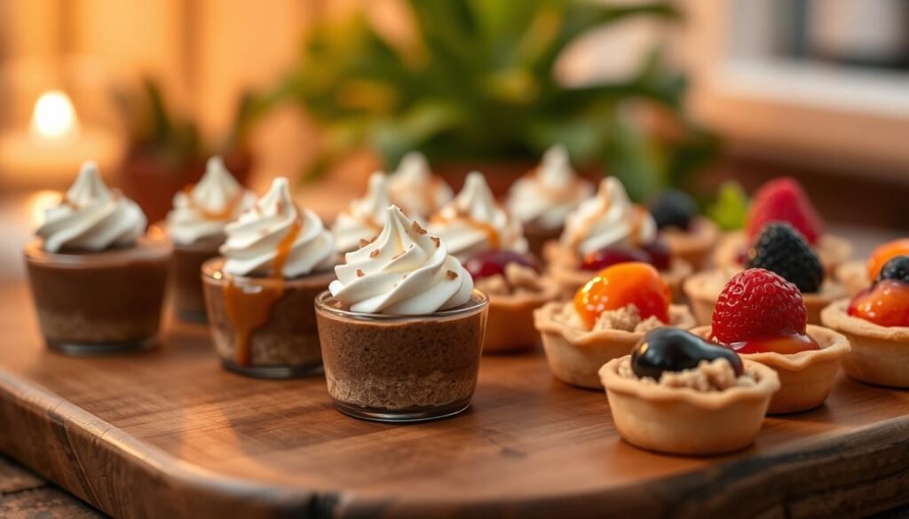 A beautifully arranged platter of bite-sized dessert indulgences, featuring mini chocolate mousse cups with delicate whipped cream on top, tiny apple crumble bites drizzled with caramel, and vibrant fruit tartlets with a glossy glaze. In the foreground, the desserts are artfully displayed on a rustic wooden table, capturing the enticing textures and colors. In the middle, soft, warm ambient lighting creates a cozy and inviting atmosphere, highlighting the delicious details. The background features softly blurred out greenery and warm hues, enhancing the inviting feel while maintaining focus on the desserts. The overall mood is delightful and indulgent, perfect for satisfying smaller cravings in a casual yet elegant setting. A beautifully arranged platter of bite-sized dessert indulgences, featuring mini chocolate mousse cups with delicate whipped cream on top, tiny apple crumble bites drizzled with caramel, and vibrant fruit tartlets with a glossy glaze. In the foreground, the desserts are artfully displayed on a rustic wooden table, capturing the enticing textures and colors. In the middle, soft, warm ambient lighting creates a cozy and inviting atmosphere, highlighting the delicious details. The background features softly blurred out greenery and warm hues, enhancing the inviting feel while maintaining focus on the desserts. The overall mood is delightful and indulgent, perfect for satisfying smaller cravings in a casual yet elegant setting.