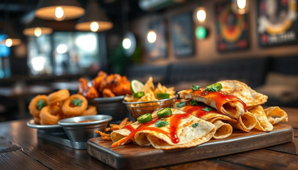 A beautifully arranged platter of late night happy hour appetizers set on a rustic wooden table. In the foreground, display a variety of vibrant and enticing dishes including crispy golden onion rings, spicy chicken wings with a side of dipping sauce, and freshly made quesadilla slices, oozing with melted cheese and garnished with fresh cilantro. In the middle ground, showcase a small bowl filled with colorful nachos topped with jalapeños and a drizzle of salsa. In the background, blur softly lit cozy restaurant ambiance with a warm glow, featuring soft, dim lighting that emanates from hanging pendant lights. The angle should be slightly elevated to give a comprehensive view of the delicious spread, creating a friendly and inviting atmosphere perfect for late-night socializing and savings. A beautifully arranged platter of late night happy hour appetizers set on a rustic wooden table. In the foreground, display a variety of vibrant and enticing dishes including crispy golden onion rings, spicy chicken wings with a side of dipping sauce, and freshly made quesadilla slices, oozing with melted cheese and garnished with fresh cilantro. In the middle ground, showcase a small bowl filled with colorful nachos topped with jalapeños and a drizzle of salsa. In the background, blur softly lit cozy restaurant ambiance with a warm glow, featuring soft, dim lighting that emanates from hanging pendant lights. The angle should be slightly elevated to give a comprehensive view of the delicious spread, creating a friendly and inviting atmosphere perfect for late-night socializing and savings.