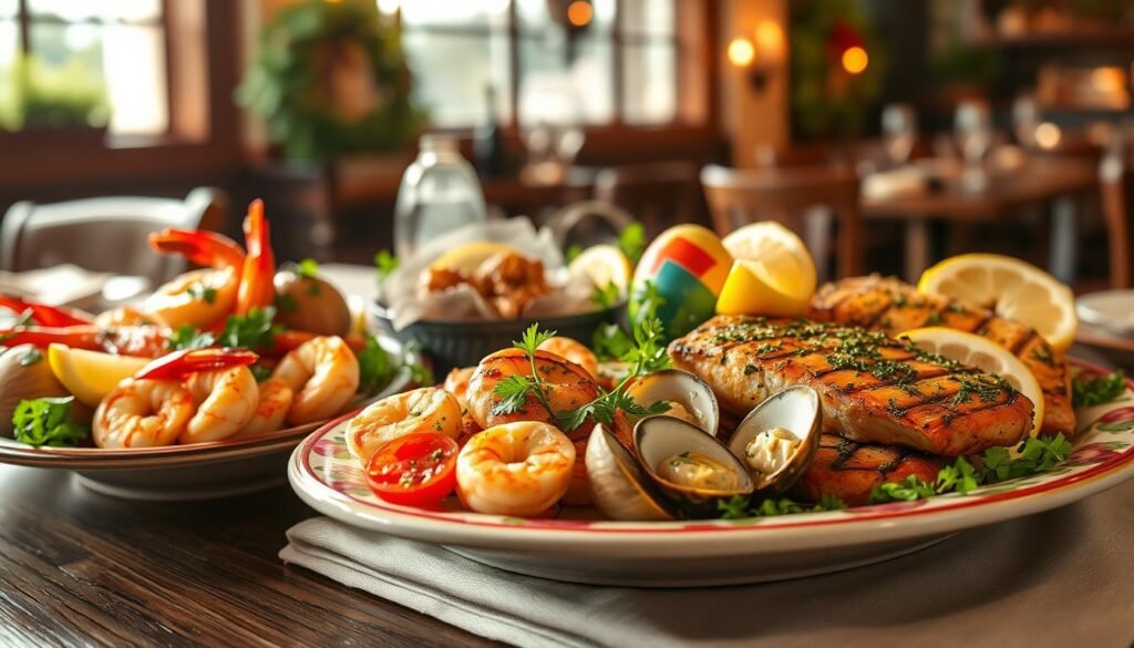 A beautifully arranged seafood platter showcasing an array of Olive Garden's specialties, including grilled shrimp, stuffed clams, and herb-crusted salmon, garnished with fresh parsley and lemon wedges. In the foreground, focus on a vibrant, colorful plate with steaming seafood delicacies, highlighting the textures and colors of the dishes. In the middle, a rustic wooden table draped with a light linen cloth complements the seafood. In the background, a softly lit ambiance with dim overhead lights and Italian decor creates a cozy dining atmosphere. Capture the scene from a slightly elevated angle to emphasize the platter's details while inviting the viewer into the warm setting. The mood should convey a festive and inviting Easter celebration.