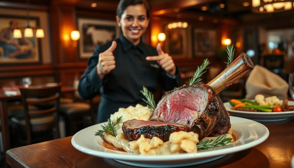 A beautifully arranged setting in a warm, rustic restaurant, highlighting an exquisite prime rib dish being presented on a wooden table. In the foreground, a perfectly cooked prime rib with a juicy, succulent texture, garnished with fresh rosemary and served alongside creamy mashed potatoes and vibrant seasonal vegetables. The middle ground features an elegantly dressed server, wearing a professional black shirt and apron, smiling and pointing toward the prime rib as if giving ordering tips. In the background, faintly visible is the cozy dining atmosphere of Texas Roadhouse, with warm wooden accents and softly glowing overhead lights. The image is captured with a warm, inviting light, creating a comforting and appetizing mood, as if inviting viewers into the dining experience. The angle emphasizes the prime rib and the server, drawing the viewer’s eye to the delicious meal. A beautifully arranged setting in a warm, rustic restaurant, highlighting an exquisite prime rib dish being presented on a wooden table. In the foreground, a perfectly cooked prime rib with a juicy, succulent texture, garnished with fresh rosemary and served alongside creamy mashed potatoes and vibrant seasonal vegetables. The middle ground features an elegantly dressed server, wearing a professional black shirt and apron, smiling and pointing toward the prime rib as if giving ordering tips. In the background, faintly visible is the cozy dining atmosphere of Texas Roadhouse, with warm wooden accents and softly glowing overhead lights. The image is captured with a warm, inviting light, creating a comforting and appetizing mood, as if inviting viewers into the dining experience. The angle emphasizes the prime rib and the server, drawing the viewer’s eye to the delicious meal.