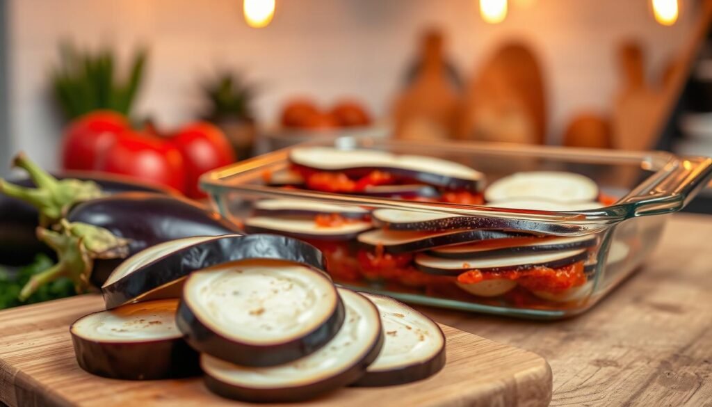 A beautifully arranged setting showcasing layers of fresh eggplant slices, highlighting their rich purple skin and tender white flesh. In the foreground, a wooden cutting board holds evenly sliced eggplants, glistening with a light sheen of olive oil. The middle ground features a glass baking dish, partially filled with vibrant layers of eggplant, marinara sauce, and melted mozzarella cheese, ready to be baked. In the background, a soft-focus kitchen scene reveals warm lighting from rustic pendant lights, enhancing the inviting atmosphere. Shot from a slightly elevated angle to capture the depth of the layers, with a shallow depth of field bringing the eggplant to the forefront, evoking a cozy and homely culinary experience. The mood is warm, inviting, and enticing, perfect for sharing the joy of preparing a delicious dish.