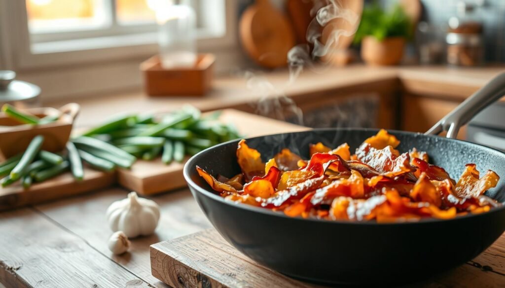 A beautifully arranged skillet filled with crispy, golden-brown bacon pieces sizzling in a lightly oiled pan. In the foreground, the focus is on the crackling bacon, with steam rising and its rich, savory aroma conveyed through warm lighting. The middle ground features the skillet placed on a rustic wooden countertop, with a carefully selected selection of fresh green beans and garlic cloves ready for preparation, hinting at the recipe’s next steps. In the background, a soft, blurred kitchen setting with warm, inviting colors creates a cozy atmosphere. The scene captures the essence of home cooking, emphasizing deliciousness and comfort, illuminated by soft, natural light to evoke a warm, inviting mood.