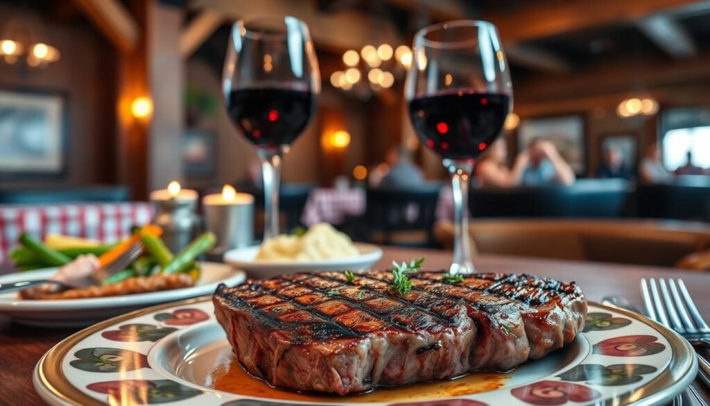 A beautifully arranged steak dinner, showcasing a perfectly grilled steak with a golden-brown crust, garnished with fresh herbs. In the foreground, a well-set table features a decorative plate and silver cutlery, with vibrant side dishes like garlic mashed potatoes and seasonal vegetables. The middle ground includes a glass of rich red wine, reflecting warm candlelight. The background reveals a rustic, cozy Texas Roadhouse interior, with wooden beams, checkered tablecloths, and dim lighting creating an inviting atmosphere. The scene captures the anticipation and satisfaction of strategic timing for dining, all shot with a shallow depth of field to emphasize the meal while slightly blurring the warm, bustling ambiance around it.