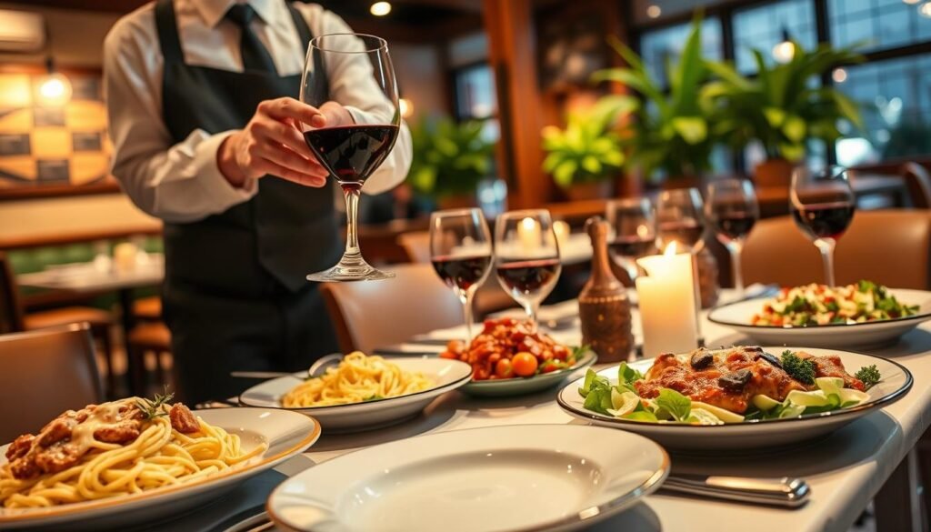 A beautifully arranged table at Olive Garden in Florence, KY, showcasing a variety of Italian dishes like rich fettuccine alfredo, savory lasagna, and fresh garden salad. In the foreground, a waiter dressed in professional attire serves a glass of red wine, enhancing the dining experience. The middle ground features a beautifully set table with elegant dinnerware and flickering candlelight, creating an inviting atmosphere. In the background, the warm ambiance of the restaurant glows softly with rustic wooden accents and lush green plants, suggesting a cozy yet lively setting. The lighting is soft and warm, evoking a relaxed mood, captured with a slightly blurred depth of field to focus on the dining experience.