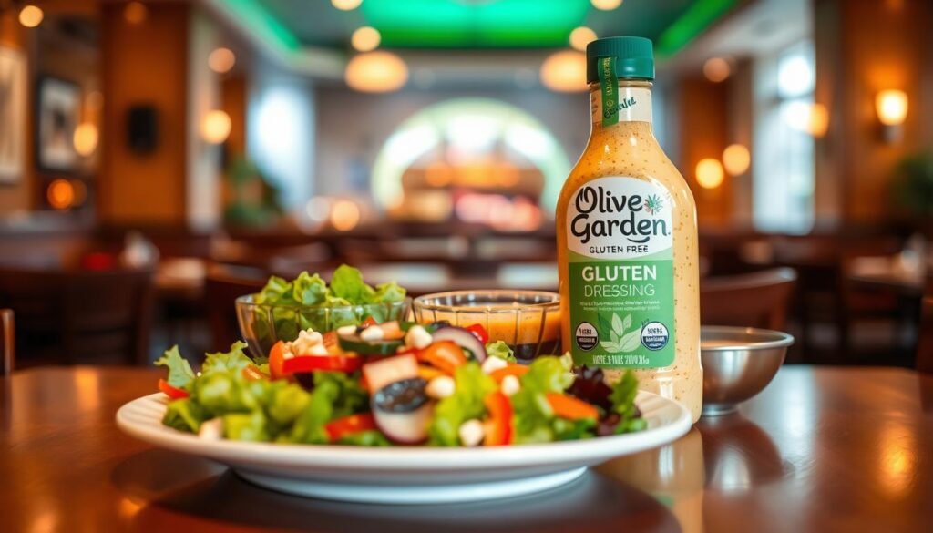 A beautifully arranged table displaying a selection of Olive Garden’s gluten-free dressings, prominently featuring a fresh bottle of Italian dressing. The foreground includes a plate of vibrant, crisp salad topped with assorted vegetables and a generous drizzle of the dressing. In the middle, there are bowls of various gluten-free dressings, showcasing their rich colors and textures. The background is softly blurred, revealing an inviting Olive Garden restaurant ambiance with warm, ambient lighting creating a cozy atmosphere. The scene captures a mood of comfort and inclusivity, emphasizing the safety of gluten-free dining for those with celiac disease. The perspective is taken from a slightly elevated angle, highlighting the enticing presentation of the food. A beautifully arranged table displaying a selection of Olive Garden’s gluten-free dressings, prominently featuring a fresh bottle of Italian dressing. The foreground includes a plate of vibrant, crisp salad topped with assorted vegetables and a generous drizzle of the dressing. In the middle, there are bowls of various gluten-free dressings, showcasing their rich colors and textures. The background is softly blurred, revealing an inviting Olive Garden restaurant ambiance with warm, ambient lighting creating a cozy atmosphere. The scene captures a mood of comfort and inclusivity, emphasizing the safety of gluten-free dining for those with celiac disease. The perspective is taken from a slightly elevated angle, highlighting the enticing presentation of the food.