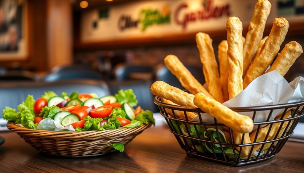 A beautifully arranged table featuring a basket of golden-brown, crispy breadsticks alongside a vibrant, fresh garden salad. The salad is artfully mixed with colorful cherry tomatoes, crunchy cucumbers, and bright green lettuce, drizzled lightly with a balsamic vinaigrette. In the foreground, the breadsticks are warm, and their texture is invitingly crisp. The middle ground shows the salad, with a soft, blurred focus on the details to emphasize freshness. The background is a cozy, softly lit Olive Garden restaurant setting, with warm tones and wooden accents that create an inviting atmosphere. Gentle, diffused lighting casts a warm glow over the table, enhancing the inviting ambience of shared meals, laughter, and cherished moments among family and friends. The angle of the shot is slightly elevated, giving a warm, intimate view of this delightful dining experience.