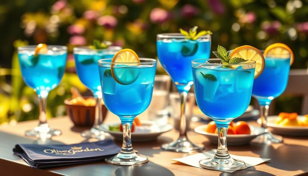 A beautifully arranged table featuring a selection of blue capri olive garden cocktails in elegant glassware. In the foreground, focus on the cocktails, showcasing their vibrant blue hues with fresh garnishes of lemon slices and sprigs of mint. The glasses are crystal-clear, reflecting light in a way that highlights the drinks’ colors. In the middle ground, include decorative elements like an Olive Garden logo napkin and a small plate of appetizers, hinting at an outdoor dining setting. The background consists of soft, blurred garden foliage, with warm sunlight filtering through, creating a cheerful, inviting atmosphere. The composition is shot using a shallow depth of field for a dreamy effect, enhancing the focus on the cocktails and evoking a sense of summer leisure. A beautifully arranged table featuring a selection of blue capri olive garden cocktails in elegant glassware. In the foreground, focus on the cocktails, showcasing their vibrant blue hues with fresh garnishes of lemon slices and sprigs of mint. The glasses are crystal-clear, reflecting light in a way that highlights the drinks’ colors. In the middle ground, include decorative elements like an Olive Garden logo napkin and a small plate of appetizers, hinting at an outdoor dining setting. The background consists of soft, blurred garden foliage, with warm sunlight filtering through, creating a cheerful, inviting atmosphere. The composition is shot using a shallow depth of field for a dreamy effect, enhancing the focus on the cocktails and evoking a sense of summer leisure.
