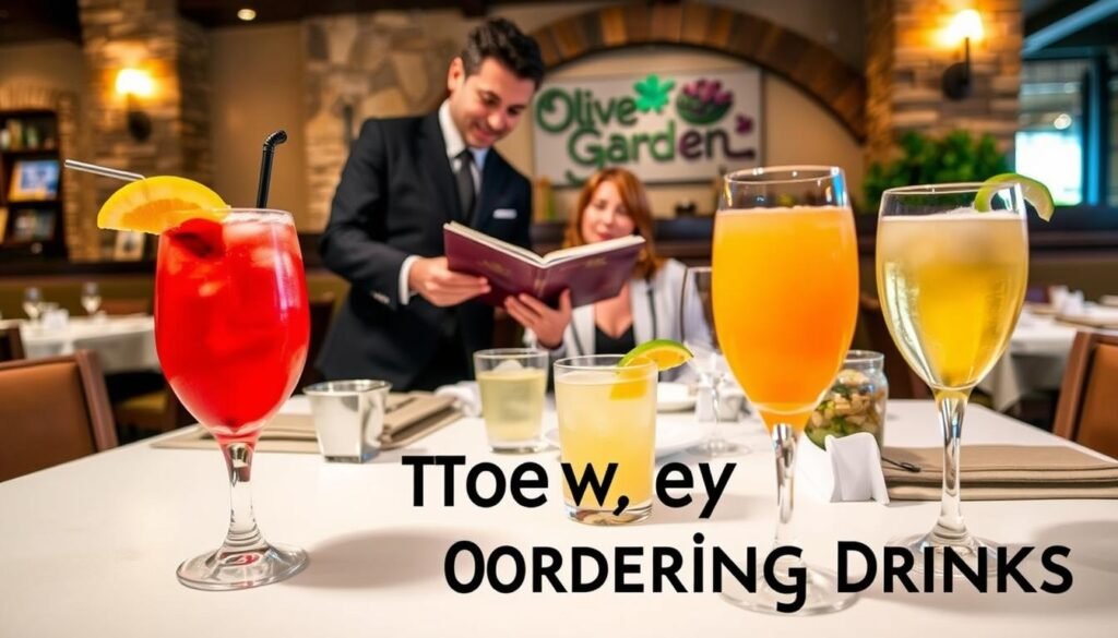 A beautifully arranged table set in an Olive Garden restaurant, showcasing a variety of drinks to order. In the foreground, a selection of colorful cocktails, such as a vibrant red Italian spritz and a refreshing peach bellini, garnished with fresh fruit. In the middle, a waiter in a smart uniform is presenting a drink menu to a couple seated at the table, both dressed in business casual attire, looking excited. The background features the restaurant's signature rustic decor, with soft lighting creating a warm and inviting atmosphere. The angle captures both the drinks and the interaction, ensuring a lively and friendly setting, perfect for sharing tips about ordering drinks. A beautifully arranged table set in an Olive Garden restaurant, showcasing a variety of drinks to order. In the foreground, a selection of colorful cocktails, such as a vibrant red Italian spritz and a refreshing peach bellini, garnished with fresh fruit. In the middle, a waiter in a smart uniform is presenting a drink menu to a couple seated at the table, both dressed in business casual attire, looking excited. The background features the restaurant's signature rustic decor, with soft lighting creating a warm and inviting atmosphere. The angle captures both the drinks and the interaction, ensuring a lively and friendly setting, perfect for sharing tips about ordering drinks.