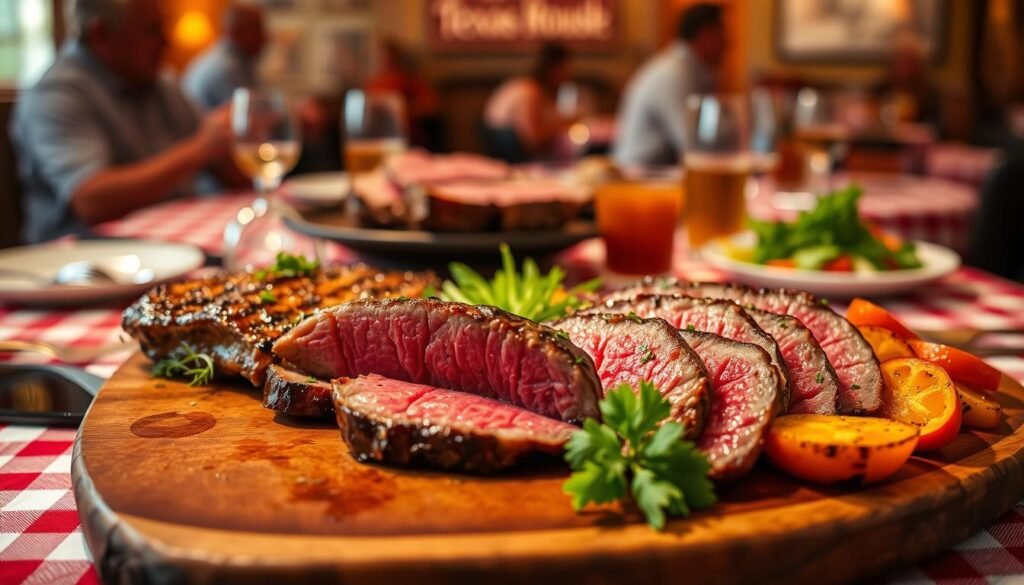 A beautifully arranged table setting featuring a selection of hand-cut steaks on a wooden platter, expertly grilled to a perfect medium-rare, showcasing their juicy texture and rich marbling. The foreground highlights glistening cuts of meat garnished with fresh herbs and a side of vibrant grilled vegetables. In the middle ground, a rustic red-and-white checkered tablecloth enhances the homey ambiance of a Texas Roadhouse restaurant. Soft, warm lighting casts a golden glow, creating an inviting atmosphere. In the background, blurred silhouettes of diners enjoying their meals contribute to the lively yet relaxed dining environment. This composition should evoke a sense of comfort and indulgence, emphasizing the joy of redeeming a digital gift card at a favorite steakhouse location.