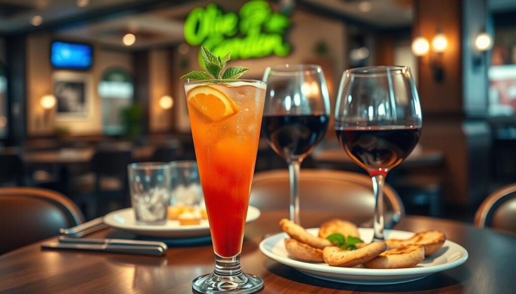 A beautifully arranged table setting in a cozy Olive Garden restaurant, featuring a selection of mid-range beverages. In the foreground, a tall, elegantly shaped glass filled with a vibrant, refreshing cocktail, garnished with a slice of orange and a sprig of mint. Beside it, a trendy wine glass showcasing a rich, deep red wine. In the middle ground, a stylish wooden table is adorned with a rustic tablecloth, alongside a plate of delicious appetizers. The background reveals the warm ambiance of the restaurant with soft, inviting lighting that creates a relaxed atmosphere. The focus is sharp on the drinks, with a gentle blur on the restaurant's interior, enhancing the mood of a casual yet refined dining experience. The overall composition evokes a sense of enjoyment and camaraderie. A beautifully arranged table setting in a cozy Olive Garden restaurant, featuring a selection of mid-range beverages. In the foreground, a tall, elegantly shaped glass filled with a vibrant, refreshing cocktail, garnished with a slice of orange and a sprig of mint. Beside it, a trendy wine glass showcasing a rich, deep red wine. In the middle ground, a stylish wooden table is adorned with a rustic tablecloth, alongside a plate of delicious appetizers. The background reveals the warm ambiance of the restaurant with soft, inviting lighting that creates a relaxed atmosphere. The focus is sharp on the drinks, with a gentle blur on the restaurant's interior, enhancing the mood of a casual yet refined dining experience. The overall composition evokes a sense of enjoyment and camaraderie.