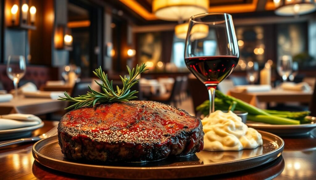 A beautifully arranged table showcasing a luxurious prime steak dinner at a high-end steakhouse. In the foreground, a perfectly cooked, juicy prime steak, garnished with fresh rosemary and accompanied by sides of creamy mashed potatoes and grilled asparagus. A crystal-clear wine glass filled with a rich red wine reflects the ambient light. The middle background features an elegant dining setting with polished wooden tables, soft linen napkins, and sophisticated cutlery, creating an upscale dining atmosphere. The background is dimly lit, highlighting warm, cozy tones from flickering candles and soft pendant lights above. The scene evokes an inviting, premium dining experience, perfect for a special occasion. The angle is slightly elevated, capturing the lavish arrangement without any human subjects.