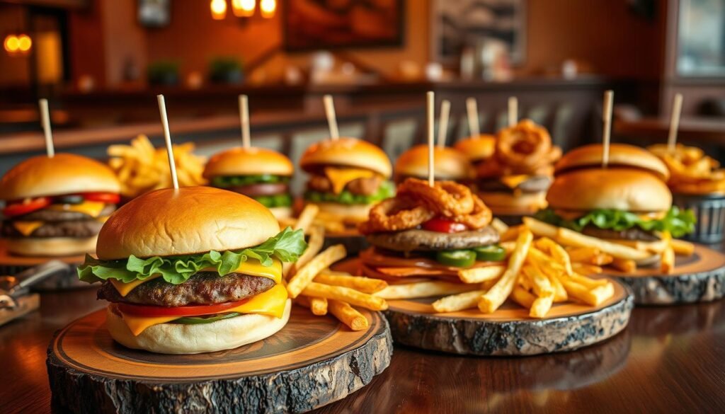 A beautifully arranged table showcasing an array of Texas Roadhouse burgers, each artfully presented on rustic wooden platters. In the foreground, a juicy, perfectly grilled burger with melted cheese, fresh lettuce, and sliced tomato, accompanied by golden, crispy French fries. In the middle ground, various burgers featuring different toppings like barbecue sauce, jalapeños, and crispy onion rings, creating an inviting spread. The background features a warm, cozy restaurant ambiance, with soft, golden lighting enhancing the textures of the food. The scene is captured from a slightly elevated angle, creating a sense of depth, with a focus on the vibrant colors of the burgers against the warm wood tones, evoking a sense of homey comfort and indulgence. Ideal for illustrating a taste test methodology, emphasizing the details and appeal of each burger. A beautifully arranged table showcasing an array of Texas Roadhouse burgers, each artfully presented on rustic wooden platters. In the foreground, a juicy, perfectly grilled burger with melted cheese, fresh lettuce, and sliced tomato, accompanied by golden, crispy French fries. In the middle ground, various burgers featuring different toppings like barbecue sauce, jalapeños, and crispy onion rings, creating an inviting spread. The background features a warm, cozy restaurant ambiance, with soft, golden lighting enhancing the textures of the food. The scene is captured from a slightly elevated angle, creating a sense of depth, with a focus on the vibrant colors of the burgers against the warm wood tones, evoking a sense of homey comfort and indulgence. Ideal for illustrating a taste test methodology, emphasizing the details and appeal of each burger.