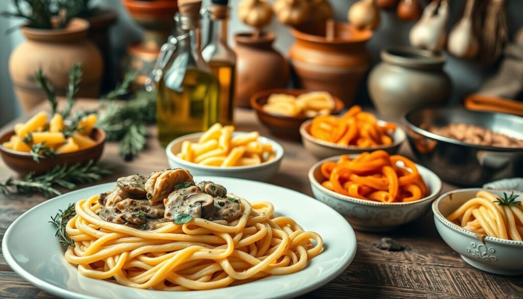 A beautifully arranged table showcasing an elegant selection of pasta pairings suitable for Chicken Marsala Fettuccine. In the foreground, a plate of creamy fettuccine topped with tender chicken and mushroom sauce. Nearby, small bowls feature various pasta types: al dente penne, twirled spaghetti, and robust rigatoni, each garnished with fresh herbs. In the middle ground, a rustic wooden table is adorned with sprigs of rosemary and thyme, and a bottle of olive oil glistens under soft, warm lighting. The background features softly blurred Italian-inspired decor, such as terracotta pots and hanging garlic, creating an inviting ambiance. The mood is cozy and enticing, perfect for a home dining experience. The composition is captured from a slightly elevated angle, highlighting the textures and colors of the pasta dishes.