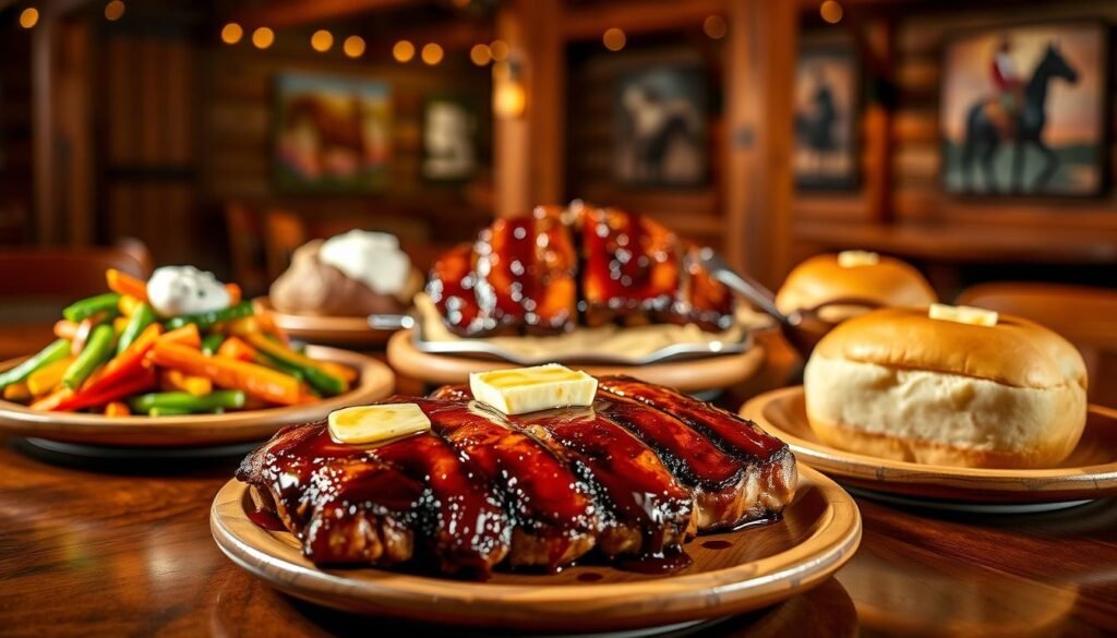 A beautifully arranged table showcasing popular entree selections from the Texas Roadhouse Early Dine Menu. In the foreground, highlight a juicy, grilled steak topped with garlic butter, a generous portion of ribs glazed with BBQ sauce, and a colorful mix of fresh garden vegetables. The middle ground features a loaded baked potato with sour cream and chives, and a fluffy roll with cinnamon butter, all elegantly presented on rustic wooden plates. In the background, a warm ambiance with soft golden lighting creates a cozy atmosphere, complemented by blurred, rustic decor elements like wooden beams and cowboy-themed artwork. The focus is sharp on the entrees, inviting the viewer to experience the hearty and welcoming spirit of Texas dining.